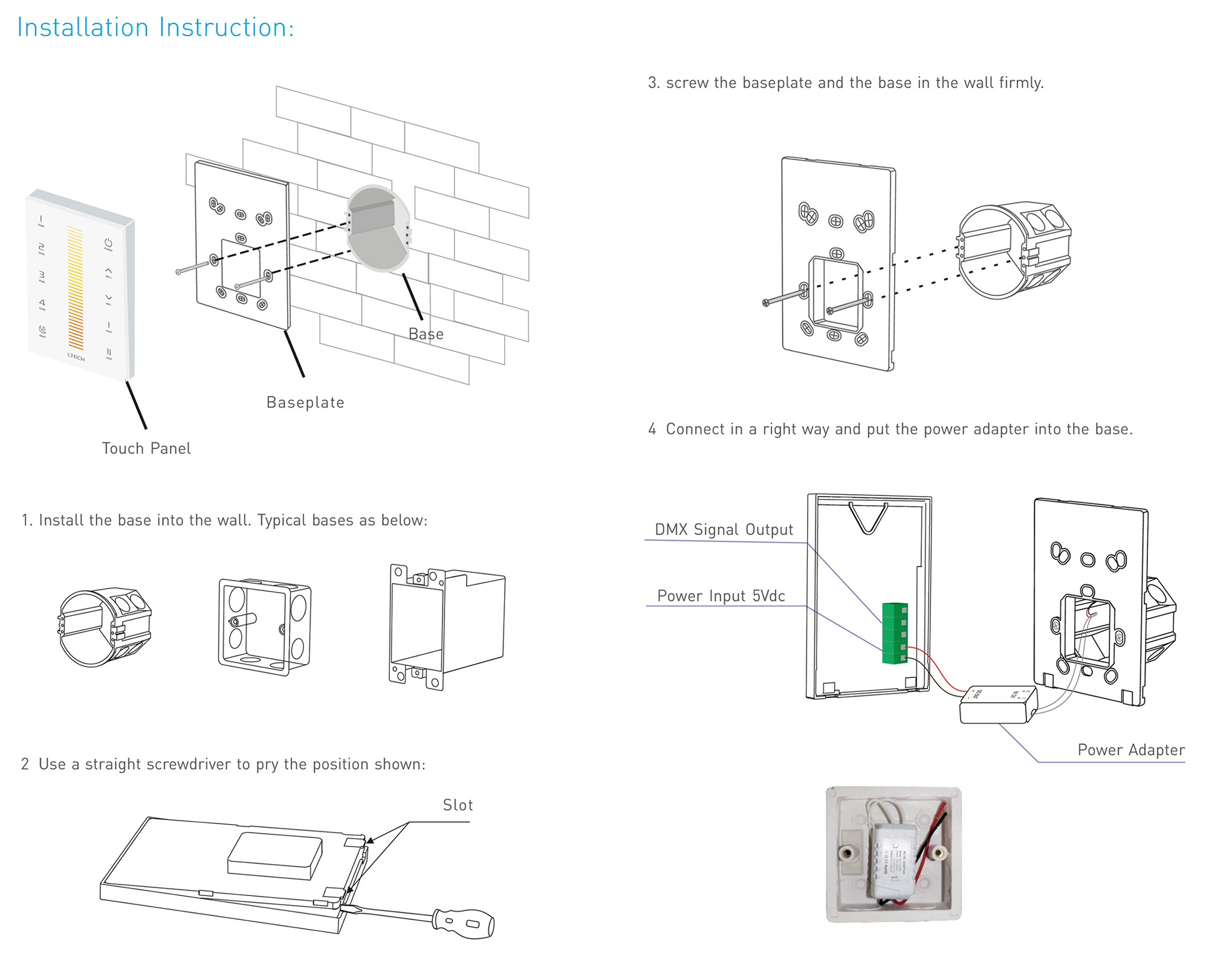 RF 2.4GHz, DMX512 interface CT Capacitive Touch Panel, 5V 0.5-1A input, CT/Zone control, IP44. UX6  LTECH Touch Panel